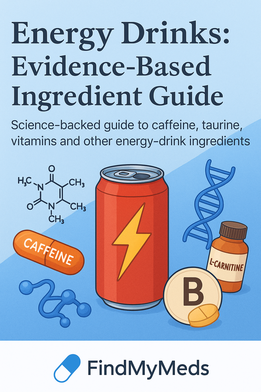 An illustration of an energy drink and its core ingredients like caffeine and taurine.